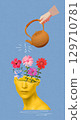 Mental health awareness concept. Happy female head with flowers inside. Mindfulness, positive thinking, self care idea. Conceptual design symbolizing personal growth 129710781