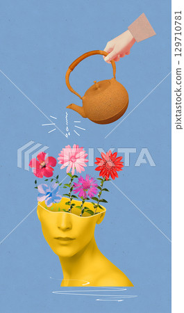 Mental health awareness concept. Happy female head with flowers inside. Mindfulness, positive thinking, self care idea. Conceptual design symbolizing personal growth 129710781