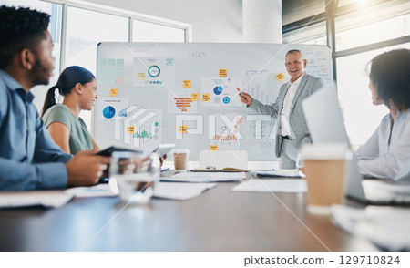 Business, speaker and presentation for workshop, conference and questions. Mentor, leader or man in meeting with staff, teamwork or seminar for new process, system training or charts for sales growth 129710824