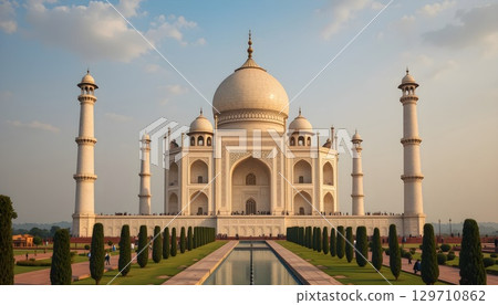 Magnificent View of the Iconic Taj Mahal Mausoleum at Sunset. 129710862