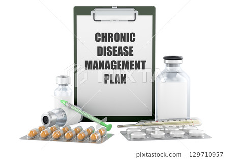 Chronic disease management plan, inscription on clipboard with pills, vials and syringe. 3D rendering 129710957
