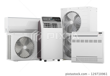 Different types of air conditioners. Wall mounted split unit, portable floor standing cooler, outdoor condenser and indoor floor model, 3D rendering Different types of air conditioners. Wall mounted split unit, portable floor standing cooler, outdoor condenser and indoor floor model, 3D rendering 129710961