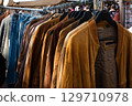 second hand leather jackets on vintage clothing flea market , 129710978