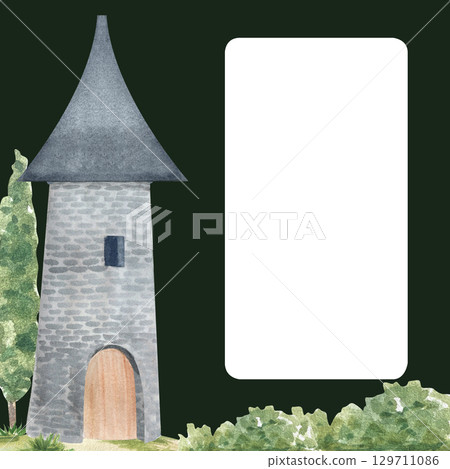 Medieval stone tower with a pointed slate roof, green bushes, tall tree with a frame on the right, perfect for invitations, fairy-tale cards, text placement. Hand-painted watercolor illustration on 129711086