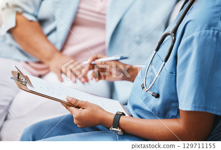 Clipboard, nurse hands and patient checklist for healthcare questions, research and medical history data. Closeup doctor writing notes, planning and consulting documents for help, trust and medicine Clipboard, nurse hands and patient checklist for healthcare questions, research and medical history data. Closeup doctor writing notes, planning and consulting documents for help, trust and medicine 129711155