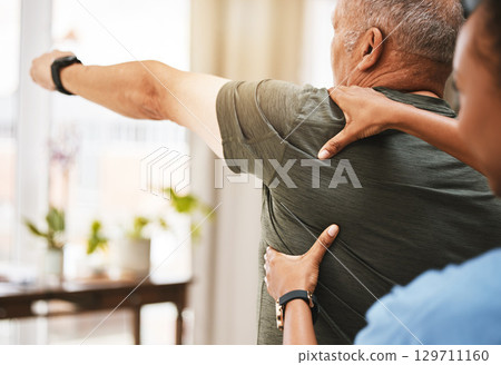 Shoulder pain, physiotherapist woman and senior man in physical therapy, muscle or arthritis exercise support in consulting exam. Physiotherapy, chiropractor and healthcare rehabilitation of patient Shoulder pain, physiotherapist woman and senior man in physical therapy, muscle or arthritis exercise support in consulting exam. Physiotherapy, chiropractor and healthcare rehabilitation of patient 129711160