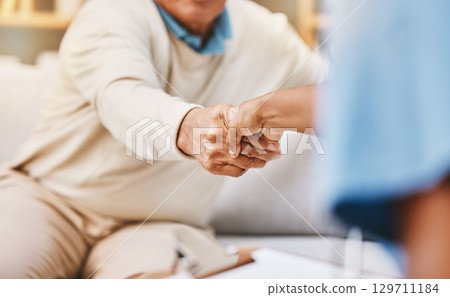Welcome handshake, healthcare caregiver and senior medical insurance support, consultation greeting and nurse in nursing home. Thank you, doctor conversation or patient agreement in retirement clinic 129711184