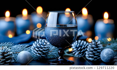 Elegant blue drink in glass surrounded by festive candles and pinecones for holiday celebration 129711220