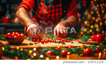 Hands of a chef arranging fresh tomatoes on a wooden table with festive decorations and lights 129711224