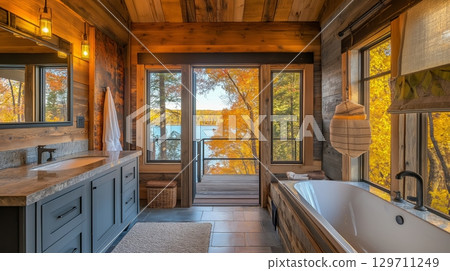 Luxurious modern bathroom with freestanding bathtub. Interior design for relaxation and vacation. 129711249