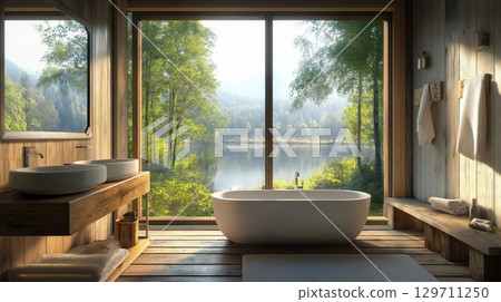Modern luxury bathroom with picture window overlooking a tranquil lake and lush forest 129711250