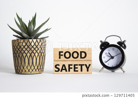 Food Safety symbol. Concept word Food Safety on wooden blocks. Beautiful white background with alarm clock and succulent plant. Business and Food Safety concept. Copy space Food Safety symbol. Concept word Food Safety on wooden blocks. Beautiful white background with alarm clock and succulent plant. Business and Food Safety concept. Copy space 129711405