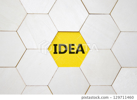 Idea symbol. Concept word Idea on wooden comb puzzle. Beautiful yellow background. Business and Idea concept. Copy space Idea symbol. Concept word Idea on wooden comb puzzle. Beautiful yellow background. Business and Idea concept. Copy space 129711460