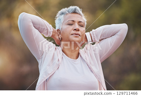 Senior woman, neck pain and tired for outdoor exercise and sports fitness or runner workout training in nature park. Mature athlete, cardio back pain and body performance injury breathing in forest 129711466