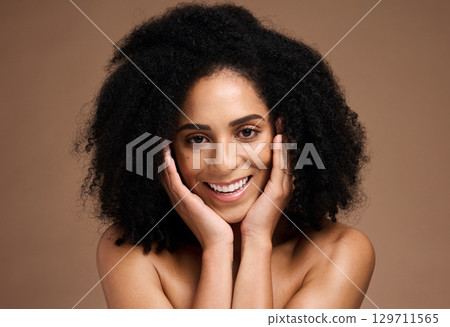 Beauty, skincare and product with portrait of black woman for facial, self care and luxury cosmetics. Spa, hair care and makeup with face of girl model for treatment, natural and wellness in studio Beauty, skincare and product with portrait of black woman for facial, self care and luxury cosmetics. Spa, hair care and makeup with face of girl model for treatment, natural and wellness in studio 129711565