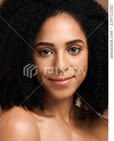 Black woman, face beauty and skincare portrait with a smile, glow and happiness for clean skin on studio background. Aesthetic model with afro hair and dermatology, cosmetics and makeup results Black woman, face beauty and skincare portrait with a smile, glow and happiness for clean skin on studio background. Aesthetic model with afro hair and dermatology, cosmetics and makeup results 129711582