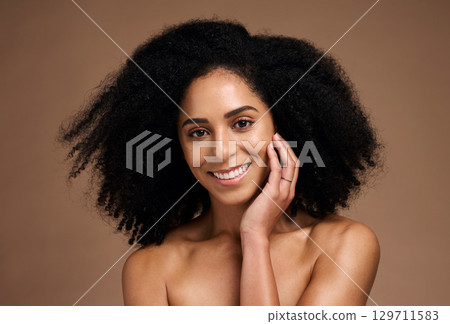 Face of black woman, beauty and skincare portrait with a smile, glow and happiness for clean skin on studio background. Aesthetic model with afro hair and dermatology, cosmetics and makeup results 129711583