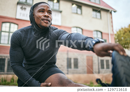 Exercise, black man and stretching legs, outdoor and workout for fitness, wellness and health. African American male, athlete and stretch leg for training, cardio performance and balance for energy Exercise, black man and stretching legs, outdoor and workout for fitness, wellness and health. African American male, athlete and stretch leg for training, cardio performance and balance for energy 129711618