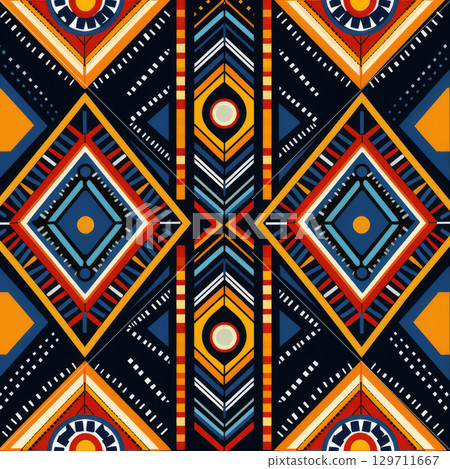 Vibrant and intricate traditional African pattern showcasing cultural elements 129711667