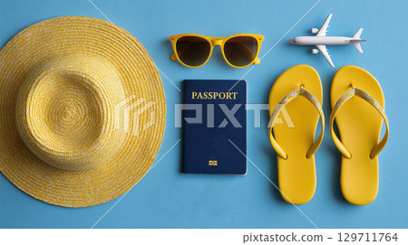 A vibrant flat lay showcasing essential travel accessories including a passport, sunglasses, sun hat, flip-flops, and an airplane model, symbolizing summer adventures and global journeys A vibrant flat lay showcasing essential travel accessories including a passport, sunglasses, sun hat, flip-flops, and an airplane model, symbolizing summer adventures and global journeys 129711764