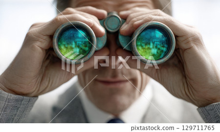 Close-up of a professional using binoculars with a reflected cityscape, symbolizing foresight, strategic planning, business development, and the pursuit of future opportunities and market trends 129711765