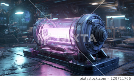 Futuristic energy core. Cylindrical containment unit glows with purple light, suggesting immense power within high-tech laboratory. Themes of technology, scientific breakthroughs, alien power sources Futuristic energy core. Cylindrical containment unit glows with purple light, suggesting immense power within high-tech laboratory. Themes of technology, scientific breakthroughs, alien power sources 129711766