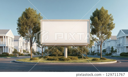Large blank outdoor advertising billboard stands in front of luxury homes. Ideal for real estate promotions, local business ads, public announcements, mockups, design presentation 129711767