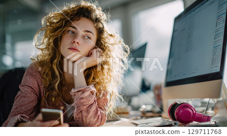 Contemplative young woman with curly hair, holding smartphone, gazes thoughtfully while working at desk. Themes of remote work, creative thinking, reflection in modern office environment Contemplative young woman with curly hair, holding smartphone, gazes thoughtfully while working at desk. Themes of remote work, creative thinking, reflection in modern office environment 129711768