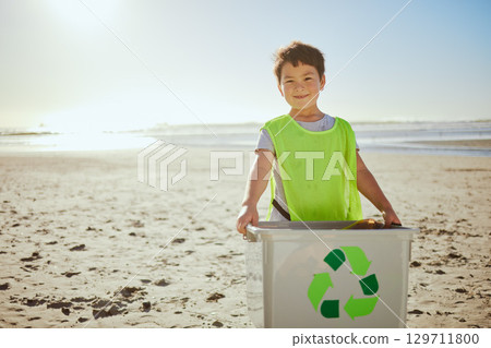 Recycling, beach cleaning and child in portrait, environment and climate change with sustainability and volunteer mockup. Eco friendly activism, clean Earth and nature with kid outdoor to recycle 129711800