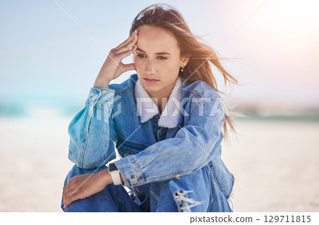 Thinking woman, stress or depression by beach, ocean environment or sea nature and climate change ideas, vision or innovation. Mental health, anxiety or mind burnout for person in global warming help Thinking woman, stress or depression by beach, ocean environment or sea nature and climate change ideas, vision or innovation. Mental health, anxiety or mind burnout for person in global warming help 129711815