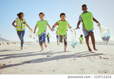 Fun children, plastic bag or beach cleaning, trash collection run or waste management in ocean clean up education or community service. Happy kids, climate change or volunteering for nature recycling 129711828