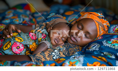 Mother and child peacefully sleeping on colorful patterned bedding, showcasing warmth and love 129711868