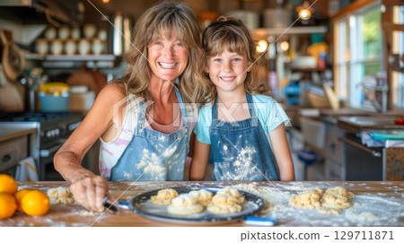 Smiling woman and girl baking cookies together in a bright kitchen with flour and ingredients 129711871