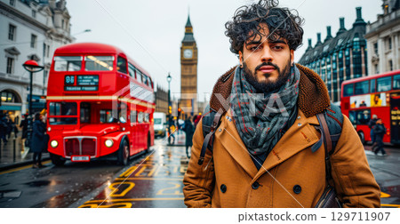 Young man with curly hair wearing a coat and scarf in front of iconic red double-decker bus 129711907