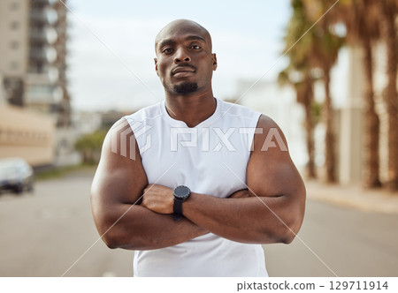 Portrait, fitness or black man ready to start running exercise, workout or sports exercise in city of Miami. Face, personal trainer or healthy African athlete thinking of vision, mission or goals Portrait, fitness or black man ready to start running exercise, workout or sports exercise in city of Miami. Face, personal trainer or healthy African athlete thinking of vision, mission or goals 129711914