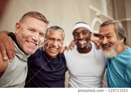 Senior men, fitness and smile portrait outdoor together for exercise motivation, retirement health support and diversity on training workout. Elderly athletes, happiness and sports friends wellness 129711933