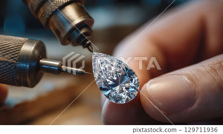 Diamond is held against rotating polishing wheel, producing shower of sparks as skilled artisan carefully sculpts its facets. Process of diamond cutting, highlighting precision, brilliant gemstone 129711936