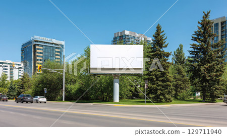 Prominent empty billboard in city setting, ideal for diverse marketing campaigns. Features blue sky, contemporary buildings, lush trees, and road with passing cars, perfect for mockups and promotions 129711940