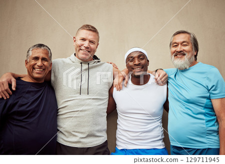 Happy men, exercise group and portrait in city on wall background outdoor. Smile, fitness and mature male friends with happiness for workout, community wellness or support of healthy sports diversity 129711945