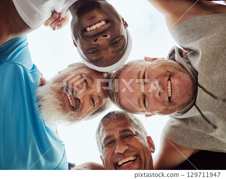 Team building, happy or friends with fitness goals, trust or hope bonding in training, exercise or workout. Low angle, partnership or healthy group of senior, elderly or mature sports men portrait Team building, happy or friends with fitness goals, trust or hope bonding in training, exercise or workout. Low angle, partnership or healthy group of senior, elderly or mature sports men portrait 129711947