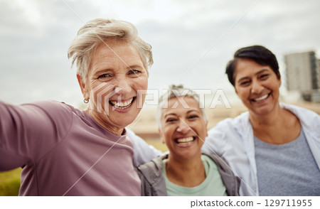 Selfie, senior women and happy exercise group excited for outdoor workout. Portrait of elderly female friends, sports and wellness for healthy retirement, fitness and happiness in diversity community Selfie, senior women and happy exercise group excited for outdoor workout. Portrait of elderly female friends, sports and wellness for healthy retirement, fitness and happiness in diversity community 129711955