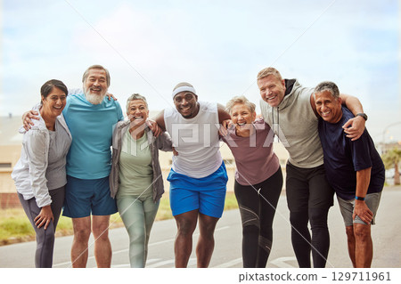 Fitness, portrait and group of friends in city ready for training, workout or exercise. Face, sports and teamwork of senior people together with coach outdoors preparing for exercising, jog or cardio Fitness, portrait and group of friends in city ready for training, workout or exercise. Face, sports and teamwork of senior people together with coach outdoors preparing for exercising, jog or cardio 129711961