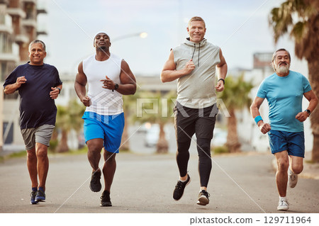Fitness, running and teamwork with senior friends in city for stamina, cardio or endurance training. Sport, jogging and goal with group of men runner sprinting in town for workout, exercise or health 129711964