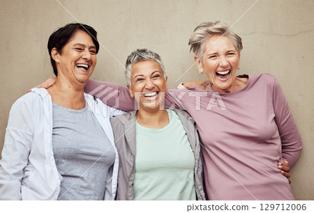 Senior women, group and laughing for fitness, workout or happiness of healthy lifestyle together. Mature female friends relax after training, wellness and funny retirement exercise on wall background Senior women, group and laughing for fitness, workout or happiness of healthy lifestyle together. Mature female friends relax after training, wellness and funny retirement exercise on wall background 129712006