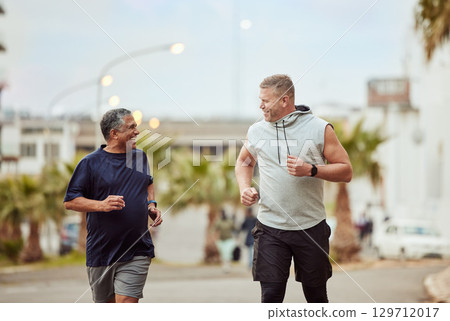 Running, friends and senior men in city for fitness, healthy lifestyle and outdoor wellness. Happy mature males, urban training and exercise in street for energy, power and sports workout together Running, friends and senior men in city for fitness, healthy lifestyle and outdoor wellness. Happy mature males, urban training and exercise in street for energy, power and sports workout together 129712017