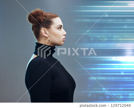 Woman, binary and cyberspace with a vision for future data, information or innovation in double exposure. Female cyberpunk in futuristic metaverse, holographic or cyber security and digital AI mockup 129712040