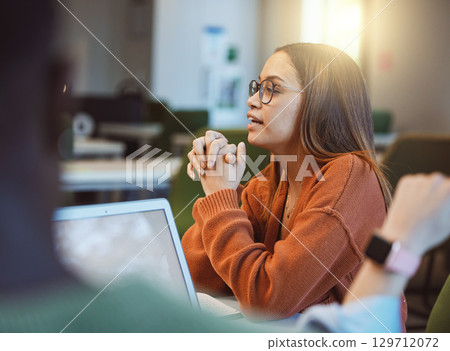 Woman, student and speaking in class, analysis and answer question for research, smart and conversation. Female, girl and academic for innovation, research and talking on campus, expert or discussion 129712072