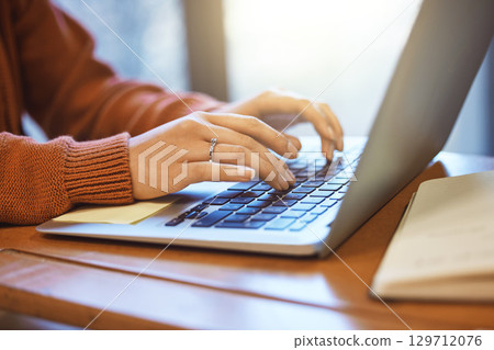 Woman with hands, laptop and student typing, education and writing report or essay, studying for exam at university. Scholarship, college student zoom and proposal, keyboard with email and wifi Woman with hands, laptop and student typing, education and writing report or essay, studying for exam at university. Scholarship, college student zoom and proposal, keyboard with email and wifi 129712076