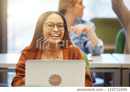 Black woman, laptop and student smile in classroom for university education, learning and school environment happiness. African girl, happy laughing and studying with digital tech device for college 129712089
