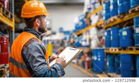 Optimizing logistics and inventory, a dedicated male worker in safety gear meticulously checks stock in a bustling industrial warehouse, ensuring precision and order. 129712096